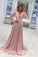 2024 Dusty Rose V-Neck Lace Prom Dresses Long Sleeve Prom Dresses Evening Dress