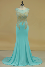 Load image into Gallery viewer, 2024 Spandex Scoop Mermaid Prom Dresses With Applique Sleeveless Sweep Train