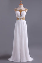 Load image into Gallery viewer, 2024 White A Line Prom Dresses Bateau Open Back Chiffon With Beads &amp; Ruffles Sweep Train