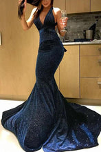 Load image into Gallery viewer, Sexy Mermaid Deep V Neck Velvet Dark Navy Long Prom Dresses, Sparkly Evening Dresses SRS15529