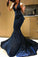 Sexy Mermaid Deep V Neck Velvet Dark Navy Long Prom Dresses, Sparkly Evening Dresses SRS15529