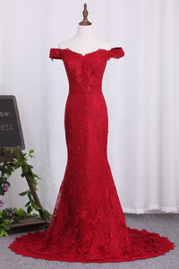 2023 Off The Shoulder Lace Mermaid Prom Dresses With Beads And Sash