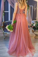 Load image into Gallery viewer, Princess A line V Neck Tulle Beads Sequins Prom Dresses with Lace up, Dance SRS20429