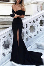 Load image into Gallery viewer, Sexy Leg Slit Long Off-the-Shoulder Jersey Sweetheart Mermaid Black Prom SRS13601