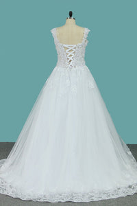 2024 Wedding Dresses Off The Shoulder Tulle With Applique A Line Sweep Train