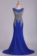 Load image into Gallery viewer, 2024 Dark Royal Blue Prom Dresses Scoop Mermaid Spandex With Applique Sweep/Brush Train