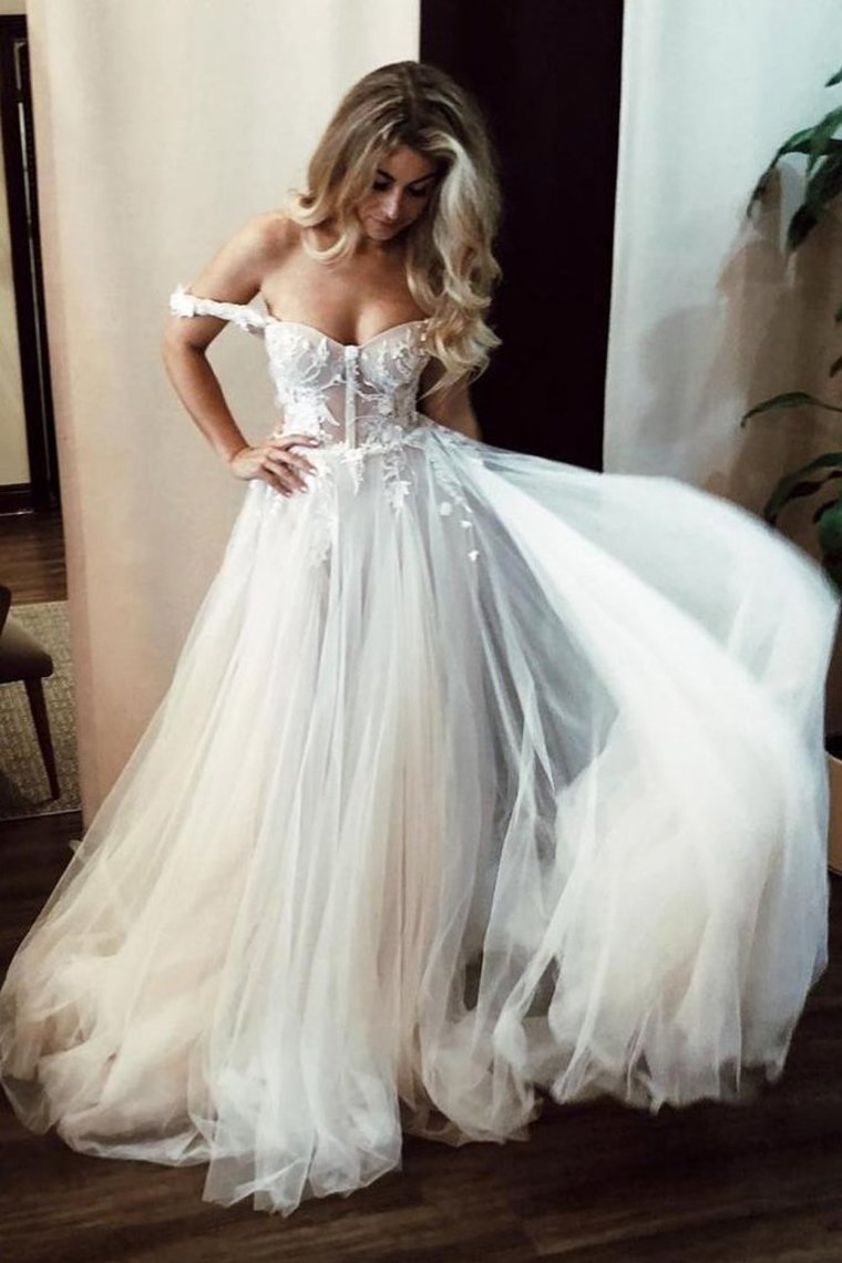 Unique Off The Shoulder Ivory Long Wedding Dress With Appliques Sweetheart Wedding SRSPMJM4785