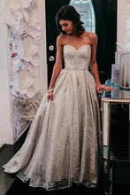 Load image into Gallery viewer, Sparkly Sweetheart Silver Long Prom Dresses Sequins Beads Formal Dresses SRS15432
