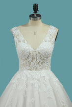 Load image into Gallery viewer, 2024 Tulle Wedding Dresses V Neck A Line With Applique Court Train