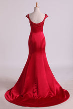 Load image into Gallery viewer, 2024 Mermaid Prom Dresses Scoop Satin &amp; Tulle Burgundy/Maroon With Beading Sweep Train