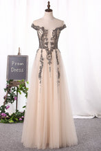 Load image into Gallery viewer, 2024 Scoop Cap Sleeve Prom Dresses A Line Tulle With Beads Open Back