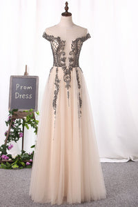 2024 Scoop Cap Sleeve Prom Dresses A Line Tulle With Beads Open Back