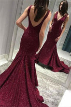 Load image into Gallery viewer, Sparkly Long V-Neck Open Back Mermaid Burgundy Prom Dresses Prom Gowns