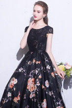 Load image into Gallery viewer, 2024 Black Prom Dresses Scoop A-Line Floral Print Sexy Long Lace Prom Dress