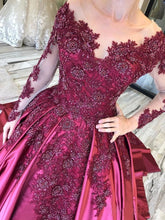 Load image into Gallery viewer, Ball Gown Long Sleeves Burgundy Satin Beads Prom Dresses with Appliques, Quinceanera Dress SRS15498
