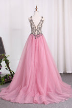 Load image into Gallery viewer, 2024 New Arrival A Line Tulle Straps Prom Dresses With Beading And Slit