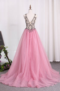 2024 New Arrival A Line Tulle Straps Prom Dresses With Beading And Slit