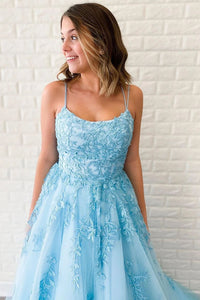 Unique A-Line Sky Blue Tulle Appliques Beads Scoop Prom Dresses with Lace SRS20453