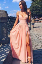 Load image into Gallery viewer, Spaghetti Strapless Pink Front Split Simple Elegant Long Prom Dresses Party Dresses