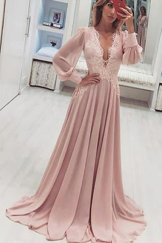 A-Line Deep V-Neck Long Pink Chiffon Prom Dress With Appliques Long Sleeves RS445