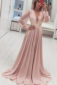 A-Line Deep V-Neck Long Pink Chiffon Prom Dress With Appliques Long Sleeves RS445