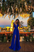 Load image into Gallery viewer, A-Line Deep V Neck Royal Blue High Split Long Prom Dresses Cheap Evening Dresses RS347