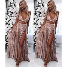 Load image into Gallery viewer, Sexy A-Line Rose Gold Sequins V Neck Prom Dresses with High Split Formal Dresses RS752
