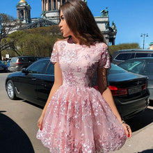 Load image into Gallery viewer, A-Line Short Sleeves Short Pink High Neck Homecoming Dress with Lace Appliques H1034