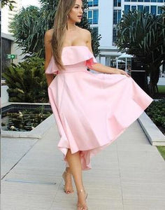 A Line Unique Strapless High Low Pink Satin Bridesmaid Dresses with Bowknot RS14
