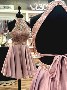 A Line Halter Open Back Chiffon Blush Pink Short Homecoming Dresses with Beading RS984