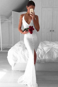 Sexy White Mermaid Deep V-Neck Criss-Cross Straps Split White Lace Prom Dresses RS698