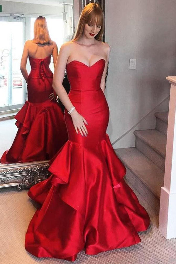 Stunning Red Mermaid Ruffles Sweetheart Strapless Prom Dresses