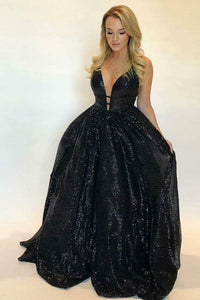 Sparkly Black Sleeveless Straps Sequins Tulle Long Prom Dresses