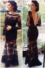 Load image into Gallery viewer, Mermaid Full Sleeve Sexy Black Lace Long Scoop Neck Floor Length Prom Dresses RS143