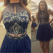 Load image into Gallery viewer, High Neck Halter Navy Blue Tulle Skirt Sleeveless Two Piece Short Prom Homecoming Dress RS74