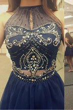 Load image into Gallery viewer, High Neck Halter Navy Blue Tulle Skirt Sleeveless Two Piece Short Prom Homecoming Dress RS74