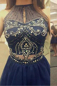 High Neck Halter Navy Blue Tulle Skirt Sleeveless Two Piece Short Prom Homecoming Dress RS74