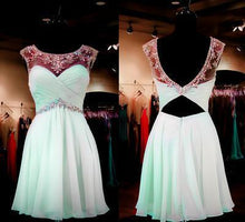 Load image into Gallery viewer, Mint Homecoming Dress A-line Empire Open Back Chiffon with Beaded Short Prom Dress RS902