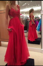 Load image into Gallery viewer, Spaghetti Strap Lace Bodice Red Chiffon Skirt Backless Prom Dress Red Long Formal Gown RS100