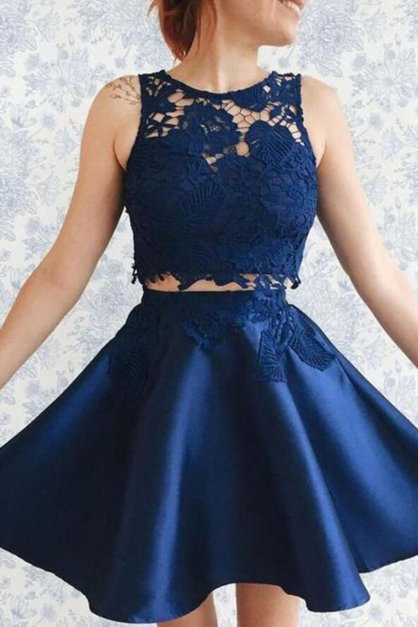 Impressive Two Piece Lace Round Neck With Appliques Homecoming Dresses