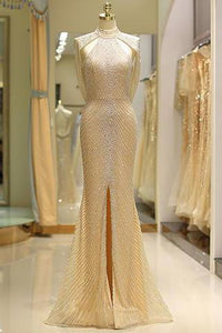 Mermaid High Neck Floor Length Split Gold Prom Dresses with Sequins Beading RS79