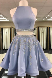Unique Two Pieces Rhinestone Halter Open Back Short Party Dress Homecoming Dresses RS916