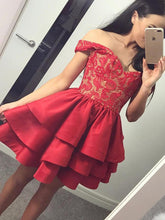 Load image into Gallery viewer, A Line Off the Shoulder Lace Red Satin Ruffles Layered Short Homecoming Dresses RS991