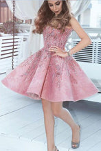 Load image into Gallery viewer, A Line Pink V Neck Lace Beads Satin Knee Length Short Prom Dresses Homecoming Dress RS676