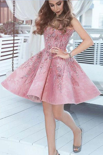 A Line Pink V Neck Lace Beads Satin Knee Length Short Prom Dresses Homecoming Dress RS676
