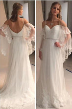 Load image into Gallery viewer, A Line Spaghetti Straps Sweetheart Lace Illusion Sleeves Backless Beach Wedding Dresses RS711