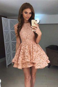 A Line Above Knee Straps Lace Homecoming Dresses with Scoop Short Prom Dresses RS838