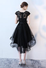 Load image into Gallery viewer, A Line Black High Low Scoop Cap Sleeve Tulle Homecoming Dresses with Lace Prom Dress RS854