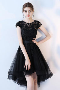 A Line Black High Low Scoop Cap Sleeve Tulle Homecoming Dresses with Lace Prom Dress RS854
