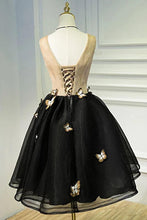 Load image into Gallery viewer, A Line Black V Neck Lace up Homecoming Dresses Sleeveless Prom Dress With Butterfly H1136